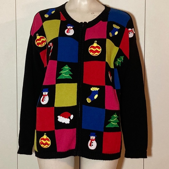 1980 Christmas Sweater Full Zip Front -Size Medium by Richard Sport Color Block - Picture 1 of 8